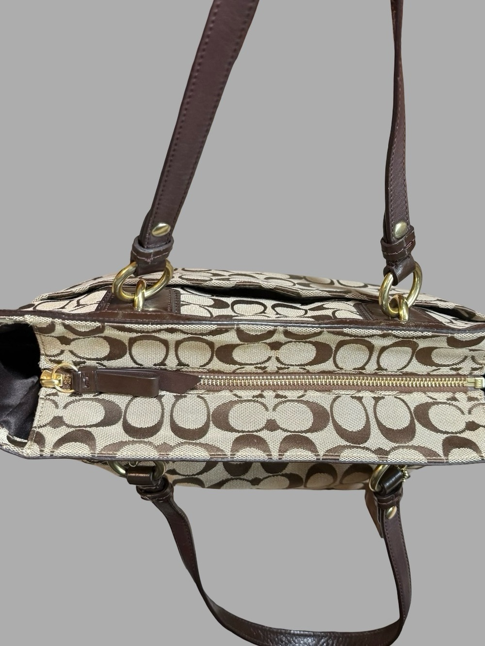 Authentic Vintage Coach Gallery Signature Zip Tote Bag - Khaki/Mahogany #F19249 - Picture 8 of 10